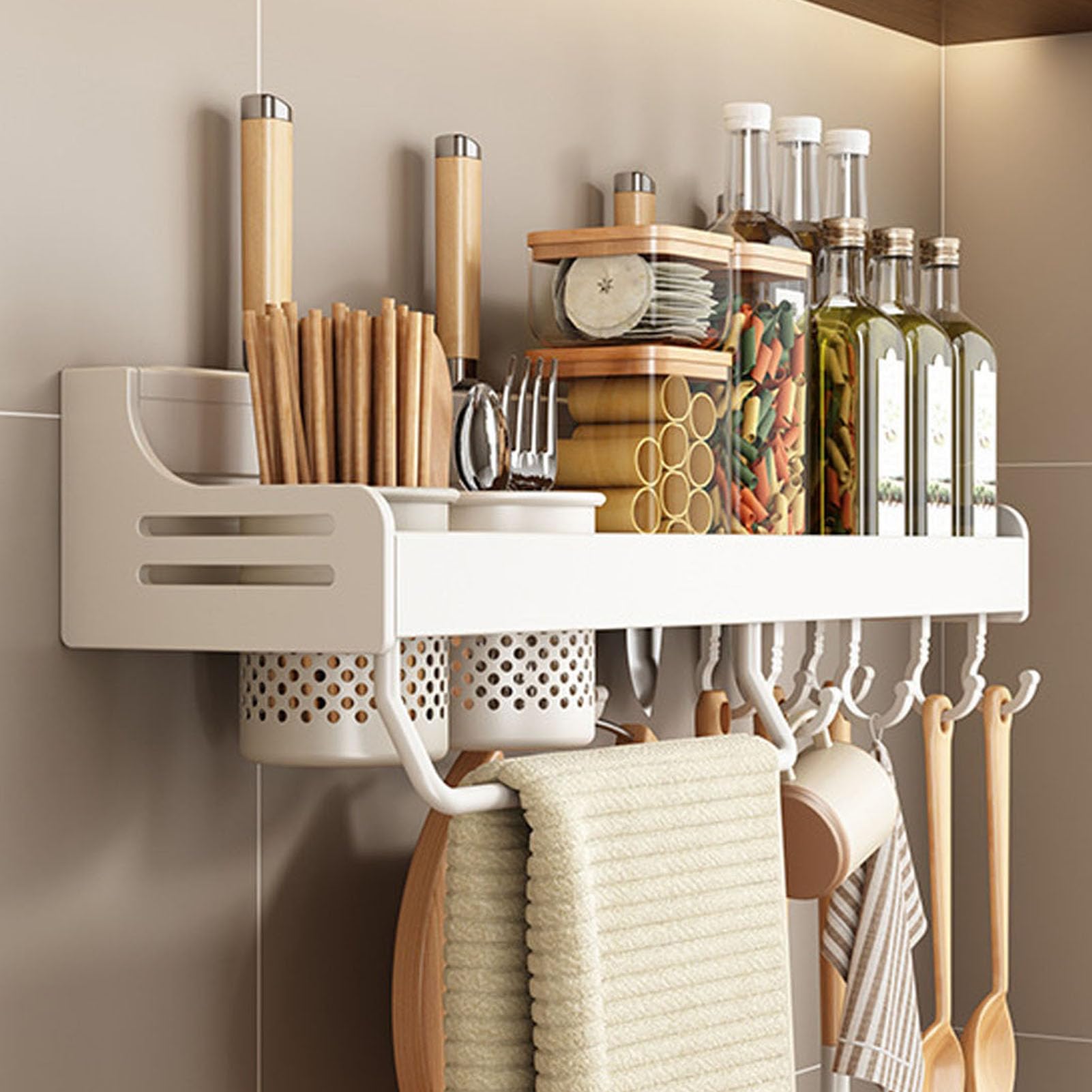 GLJTUO Wall-Mounted Spice Rack - Metal Hanging for Kitchen Spices, Seasoning Holder with Towel Holder, Knife Storage, Hooks & Utensil (White 50Cm),White-50Cm