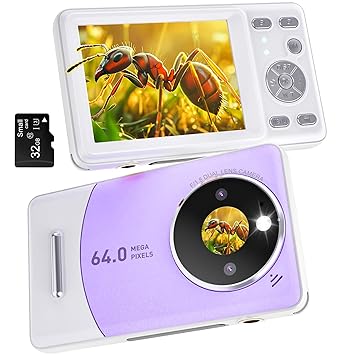 4K Digital Camera for Photography, Dual Lens 64MP Vlogging Camera with Selfie Mirror, 120?Ultra Wide Angle, 18X Digital Zoom, Video Compact Travel Autofocus Camera for YouTube, for Beginner(Purple)
