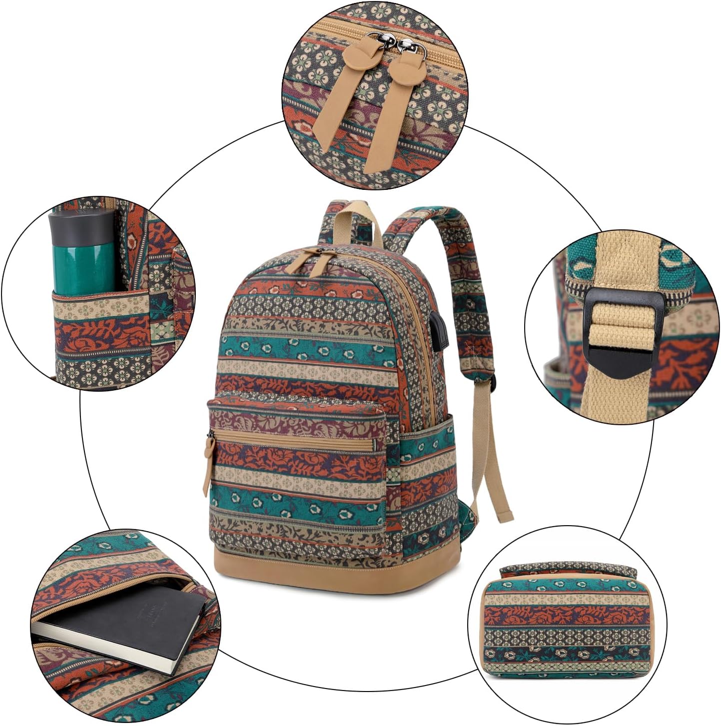 Travel Laptop Backpack with USB Charging Port, Water Resistant College Backpack with for Women,Bohemian