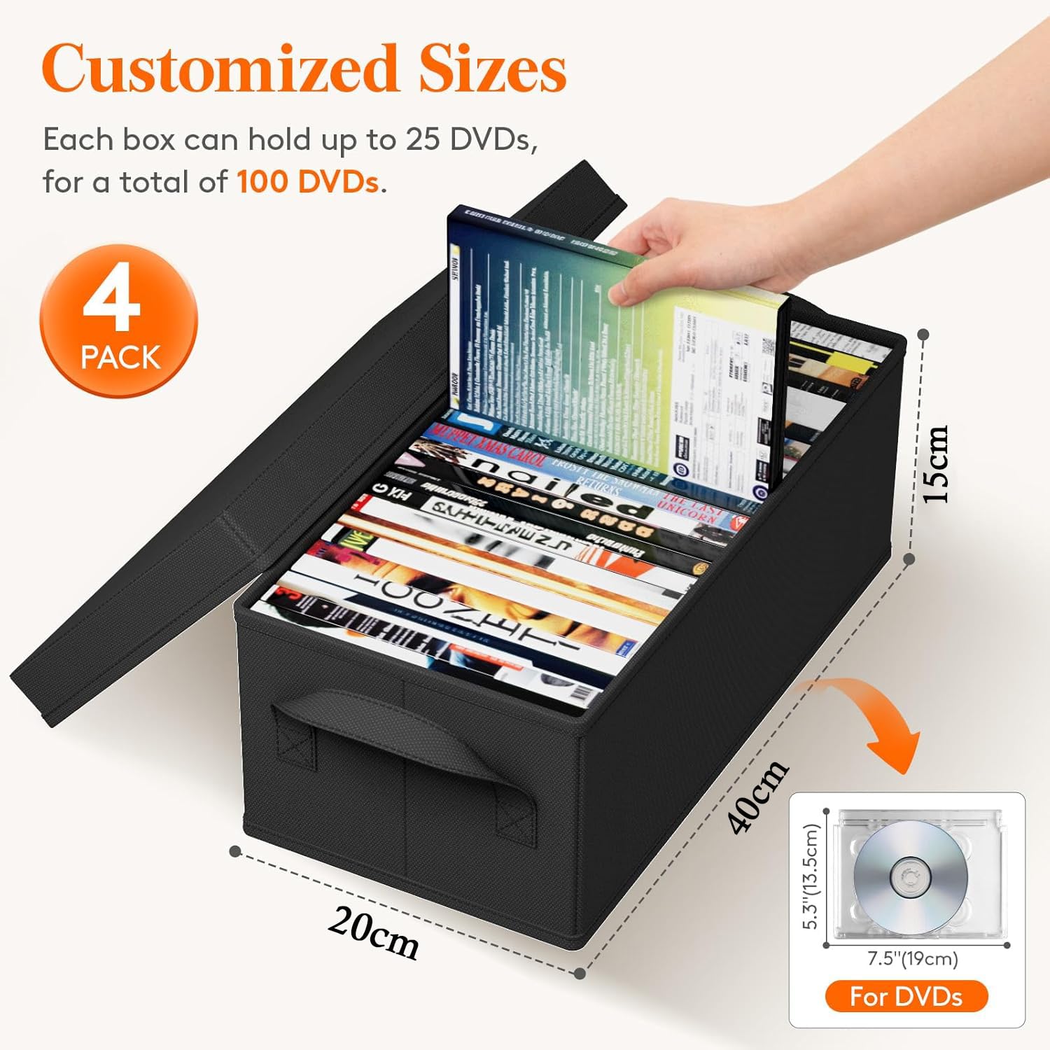 Confezione da 8 scatole per DVD, 40 x 20 x 15 cm, con coperchio, contenitore per 50 DVD in custodie complete, 85 DVD in custodie sottili e 220 dischi in custodie per CD, organizer per CD e DVD
