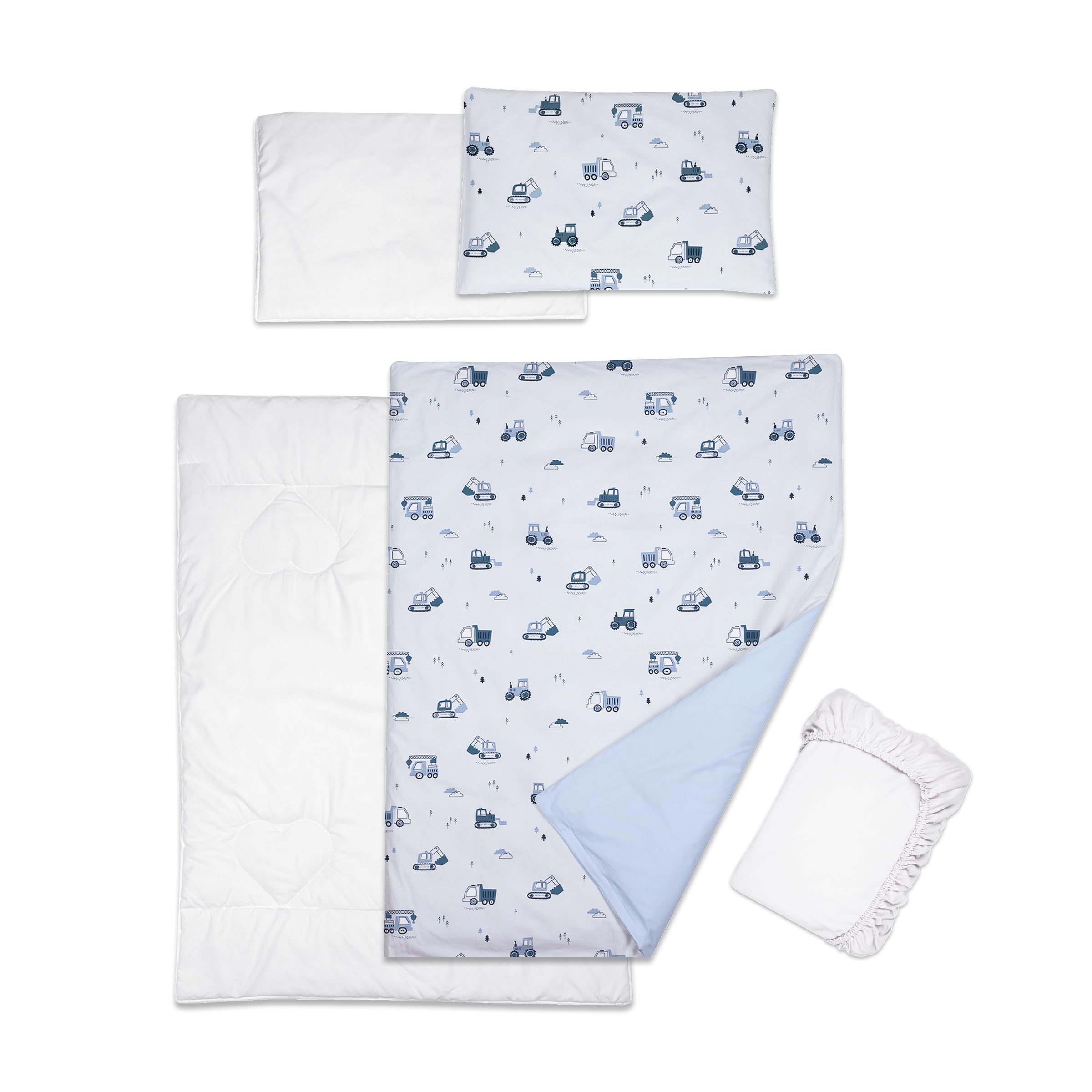 5 Piece Baby Bedding Duvet Pillow with Covers & Jersey Sheet fits 120x60cm Cot Bed (Excavators)