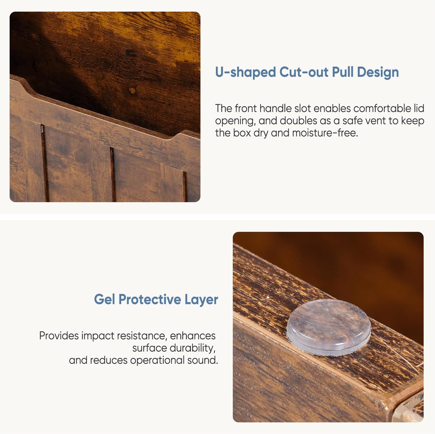 DUMOS 47.2" Extra Large Storage Bench with 2 Safety Gel-Buffered Hinges, Blanket Chest for Bedroom Living Room, Support 150lbs, 2 U-Shaped Cut-Out Pull, Non-Slip Base, Rustic Wood