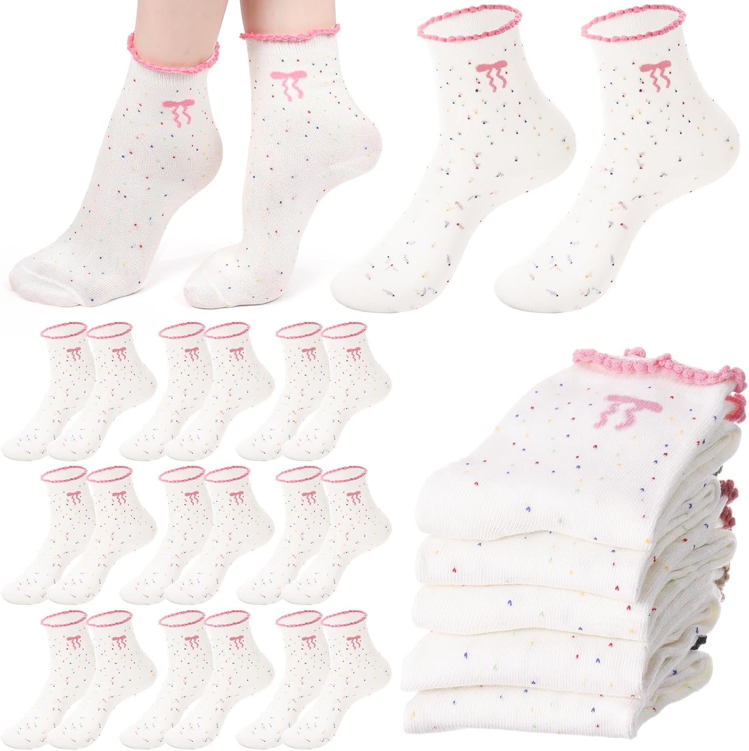 20 Pairs Coquette Bow Ruffle Socks Women Cute Girly Cotton Crew Frilly Socks Gifts for Valentine's Day Preppy Birthday Party Favors