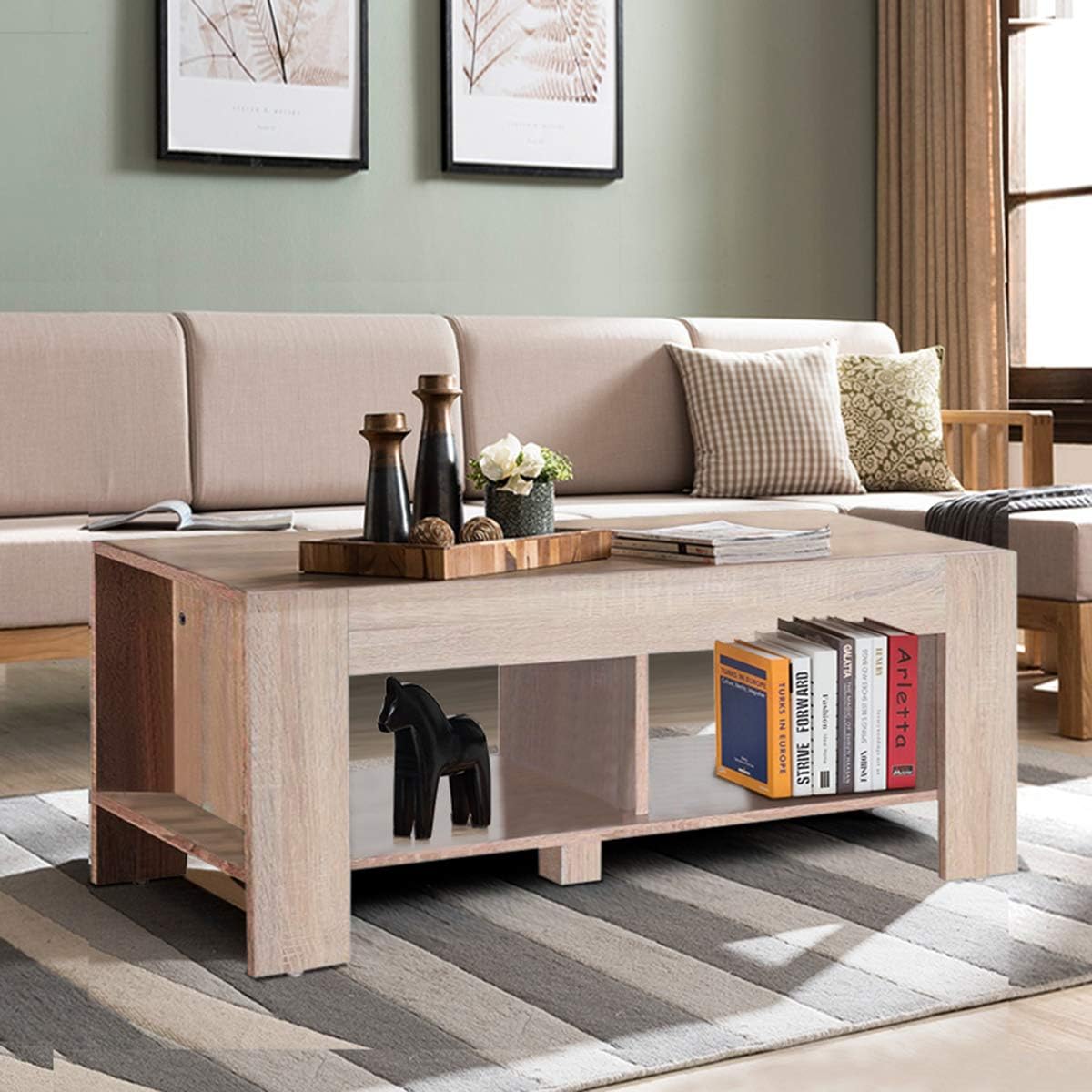 Tangkula Coffee Table, w/Storage Shelf, Tea Table, Wooden Frame, Rectangular Sofa Table for Home Living Room Office Furniture (White Oak)
