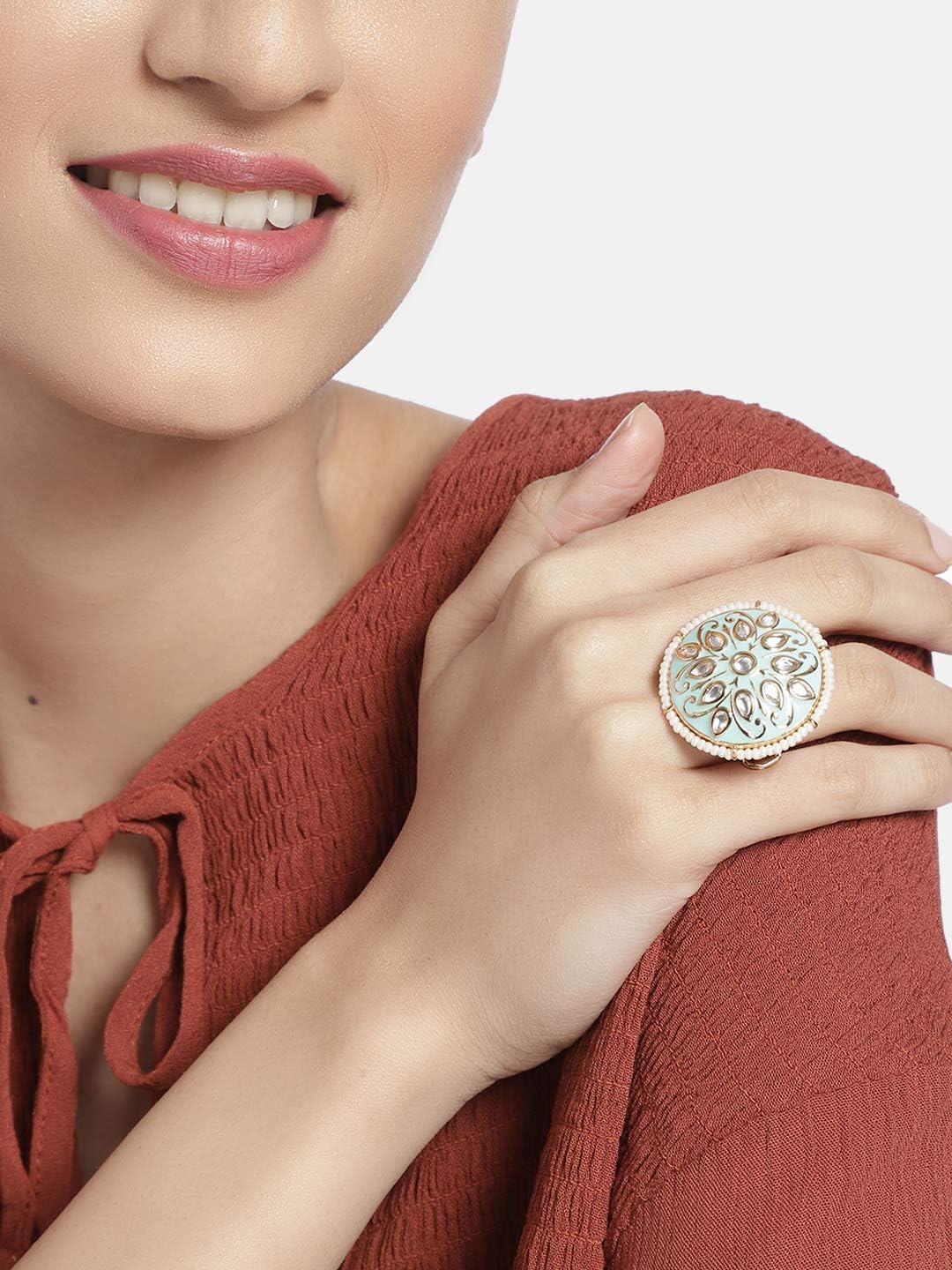 I Jewels Intricately Crafted in Gold Plated Traditional Red Enamel/Meena Work Moti Ring Glided with Uncut Polki Kundans & Edged with Moti for Women/