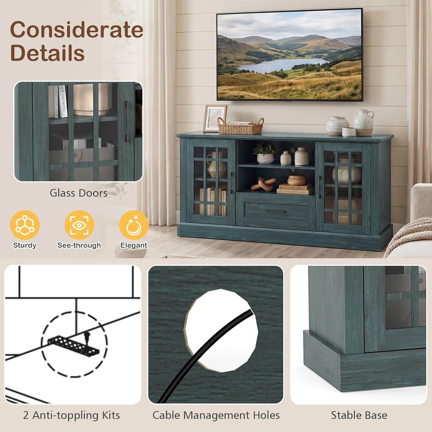 Tangkula Farmhouse TV Stand for TV up to 65 70 Inches, Tall Media Console Table with 2 Glass Storage Cabinets, 1 Drawer & 2 Open Shelves, Wooden Entertainment Center for Living Room (Vintage Green)