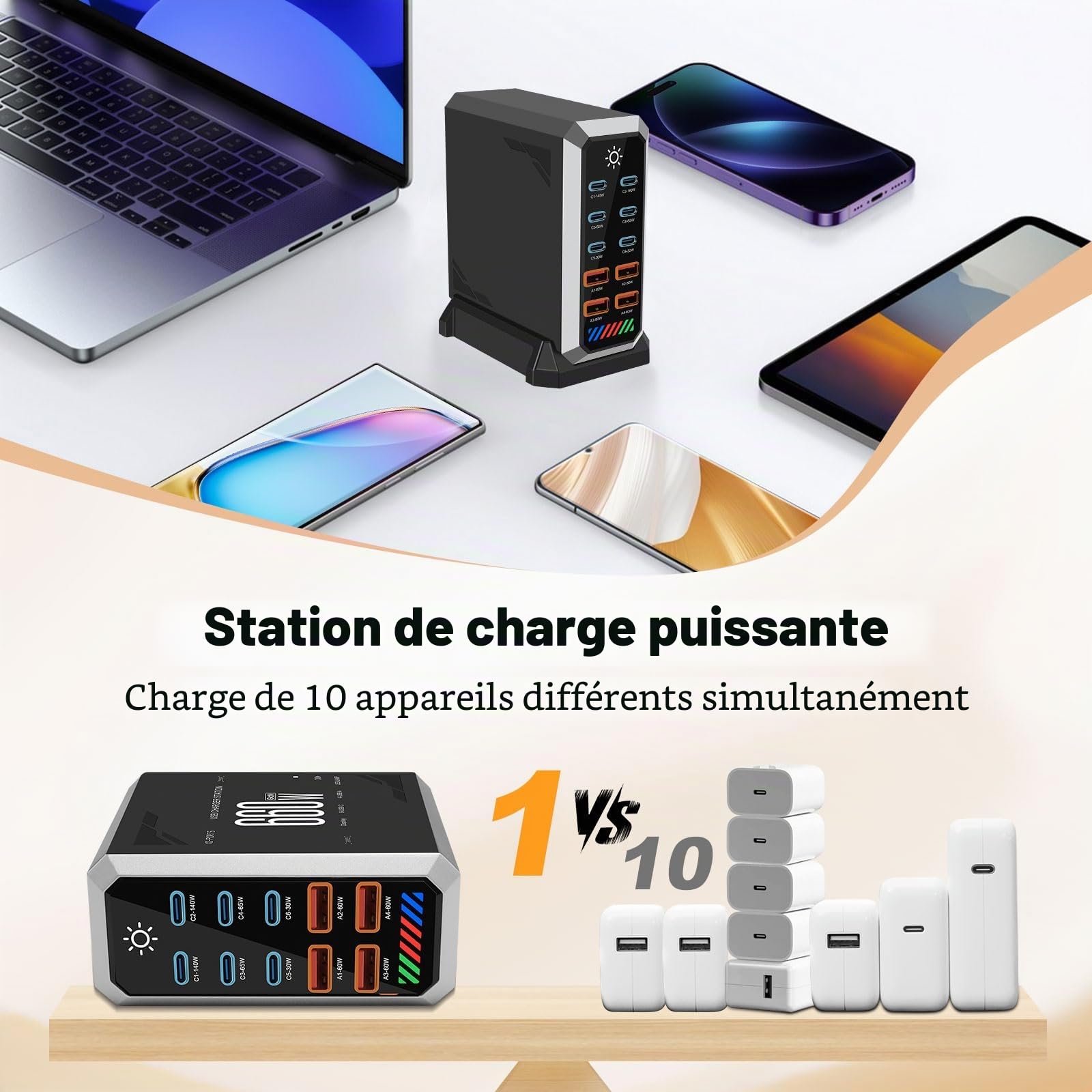 660W Station de Charge - Chargeur Rapide à 10 Ports avec 6 Ports USB C + 4 Ports USB A, Caricatore USB Multiplo Compatible avec MacBook, iPad, iPhone séries 16/15/14, Galaxy S22/ S20, Dell, HP
