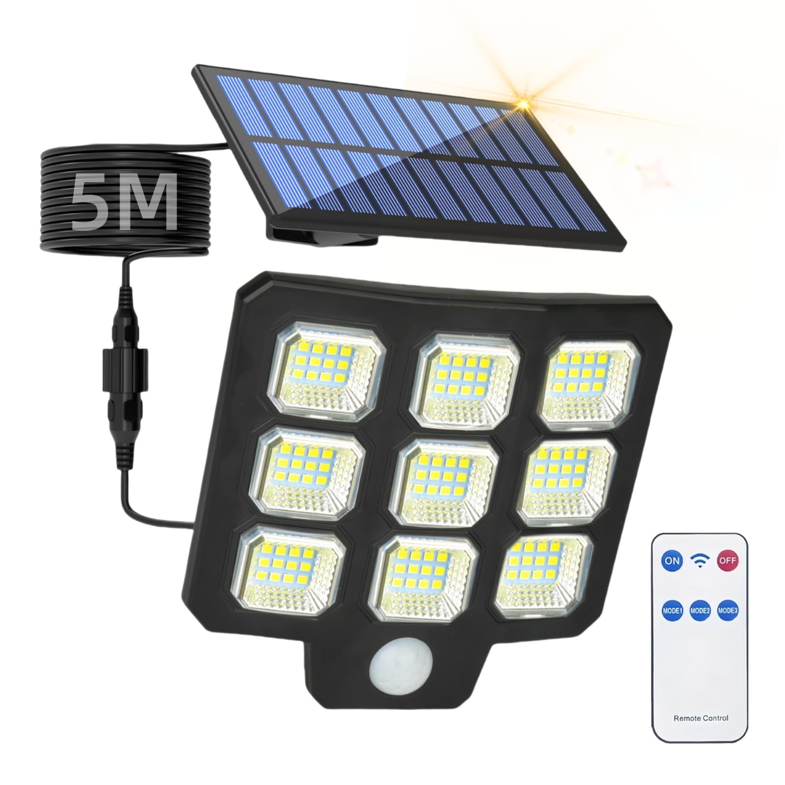 Wegoodlife Solarlampen für Außen mit Bewegungsmelder, Solar LED Strahler mit Fernbedienung, IP65 Wasserdicht Solarleuchte Aussen, Split Solar Panel Außenleuchte mit 5m Kabel für Garage Garten Hof