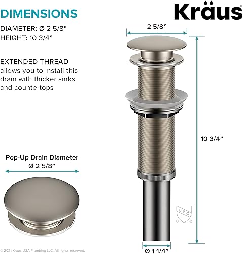 Miniatura 71 de KRAUS Desagüe emergente para lavabo de baño con rosca extendida para encimeras más gruesas y fregaderos de vidrio en acero inoxidable sin manchas