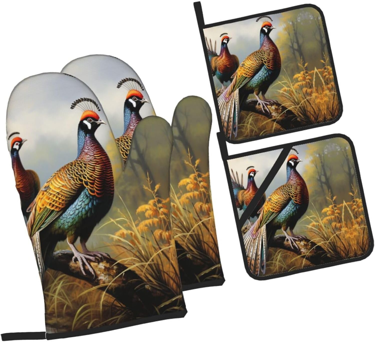 4 pcs Oven Mitts and Pot Holders Set Pheasants Animals Kitchen Oven Glove Non-Slip Heat Resistant 500 Degree Long Oven Mitts and Potholder for Cooking Baking Grilling BBQ