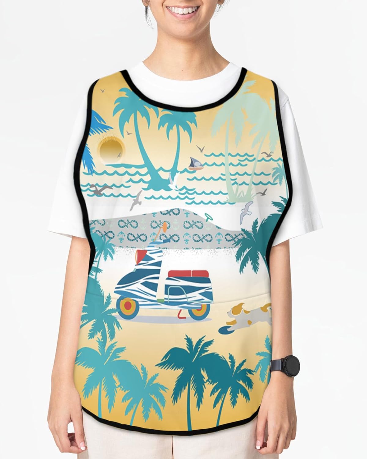 Summer Fall Beach Cobbler Aprons with 2 Pockets for Women Men, Topical Seaside Coconut Trees Motorcycle