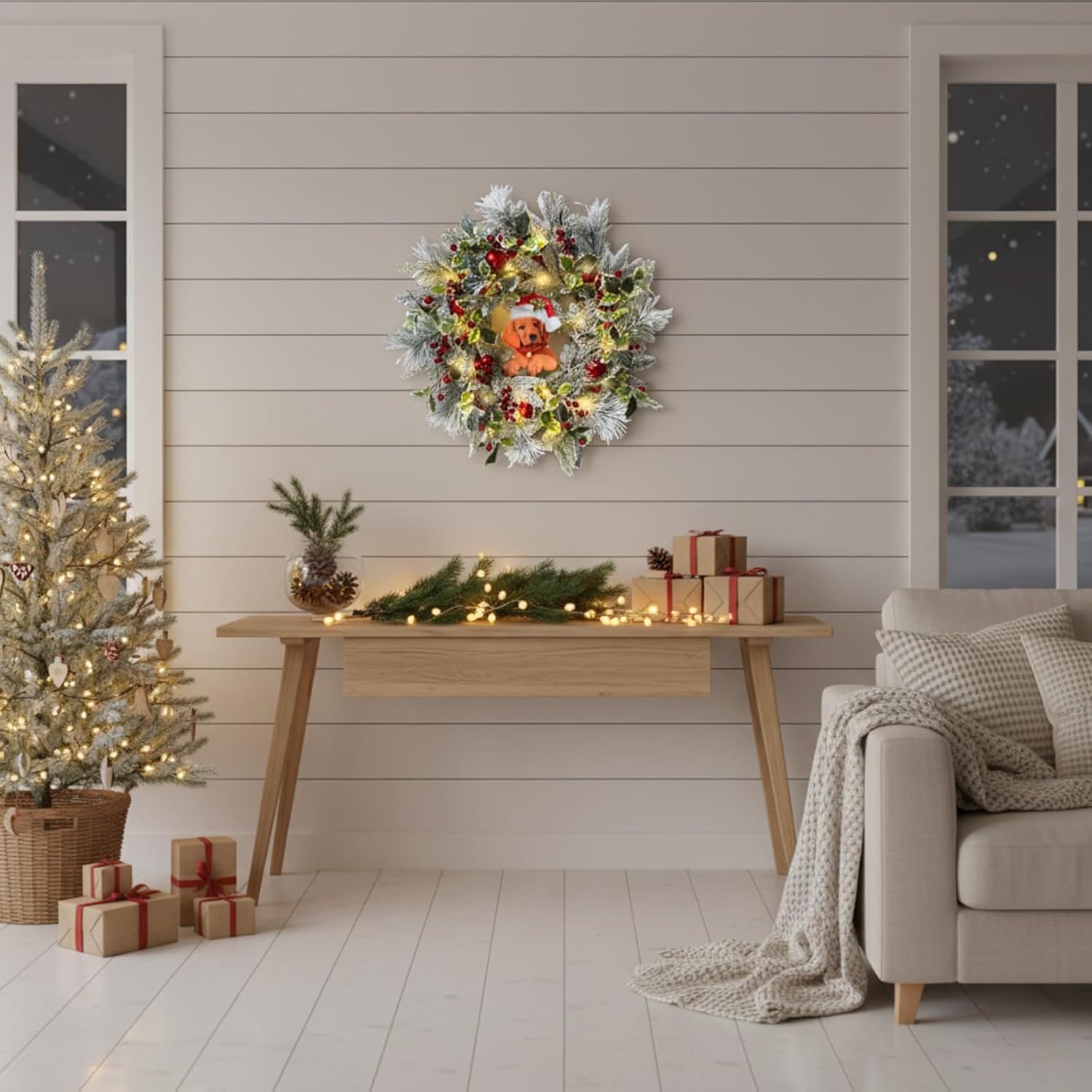 24 Inch Lighted Christmas Wreath Dog Sign Wreath with Snow Flocked Cedar Branches Pine Needles Red Ornaments Berries and Timer Christmas Décor Holiday Hanging Decoration for Door Wall Mantel
