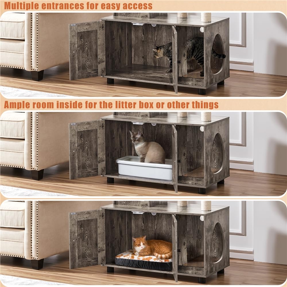 Yaheetech Katzenbaum mit Katzenklo Schrank, 134,5 cm hoch, All-in-One Kratzbaum mit Höhle Plattform Liegemulde, Katzenschrank für Katzentoilette, Greige-Beige