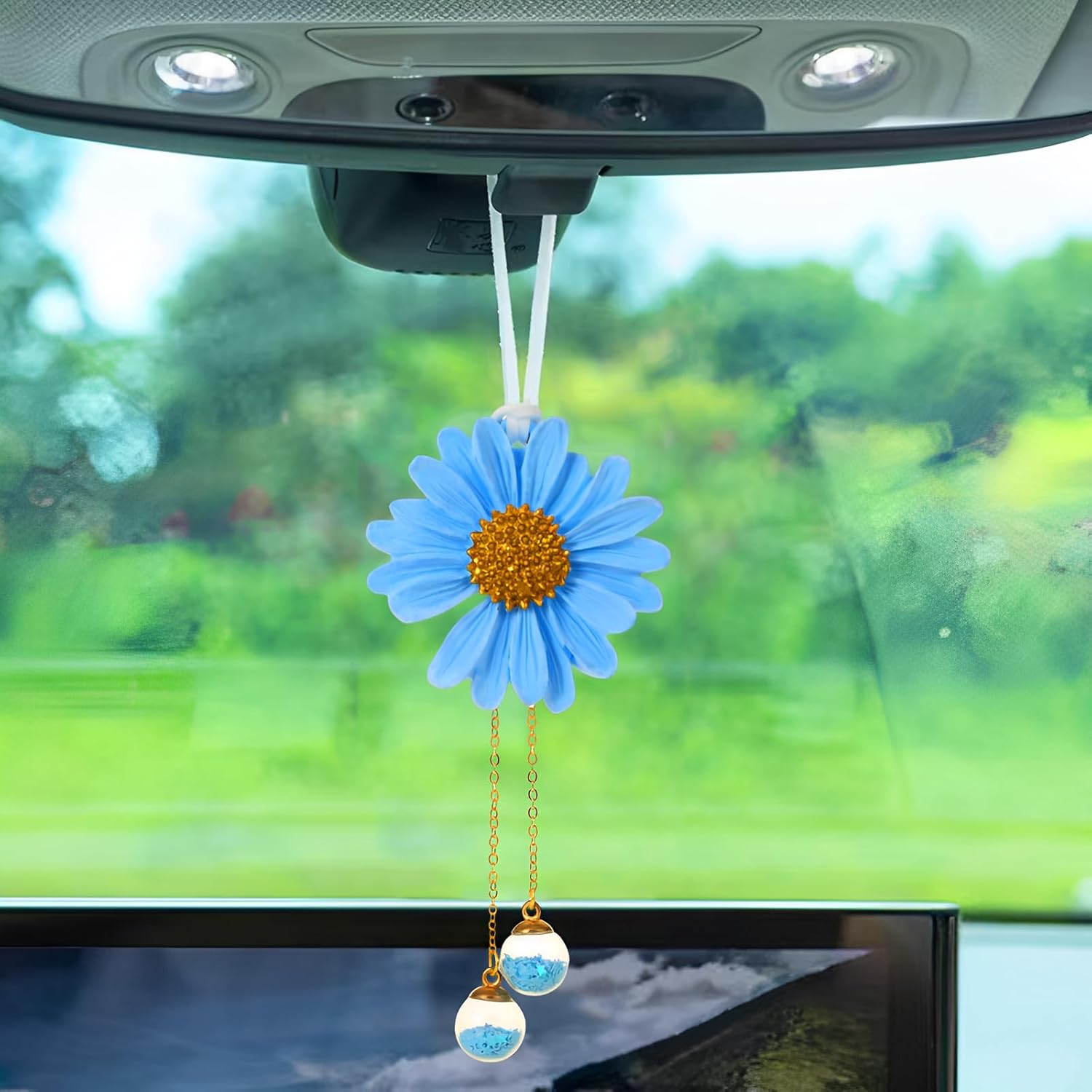 Daisy Flower Rear View Mirror Hanging Accessories - Cute Car Ornament for Women & Girls - Blue