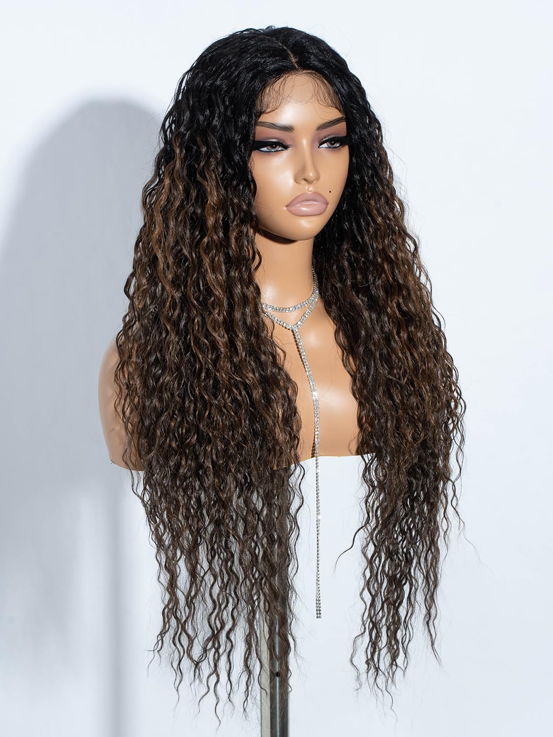 Joedir Long Deep Curly Wavy Lace Front Synthetic Wigs for Women Glueless Lace Wig 30 Inch Middle Part Natural Looking Heat Resistant Fiber Wig for Daily Party Use Ombre Mix Brown - Image 2