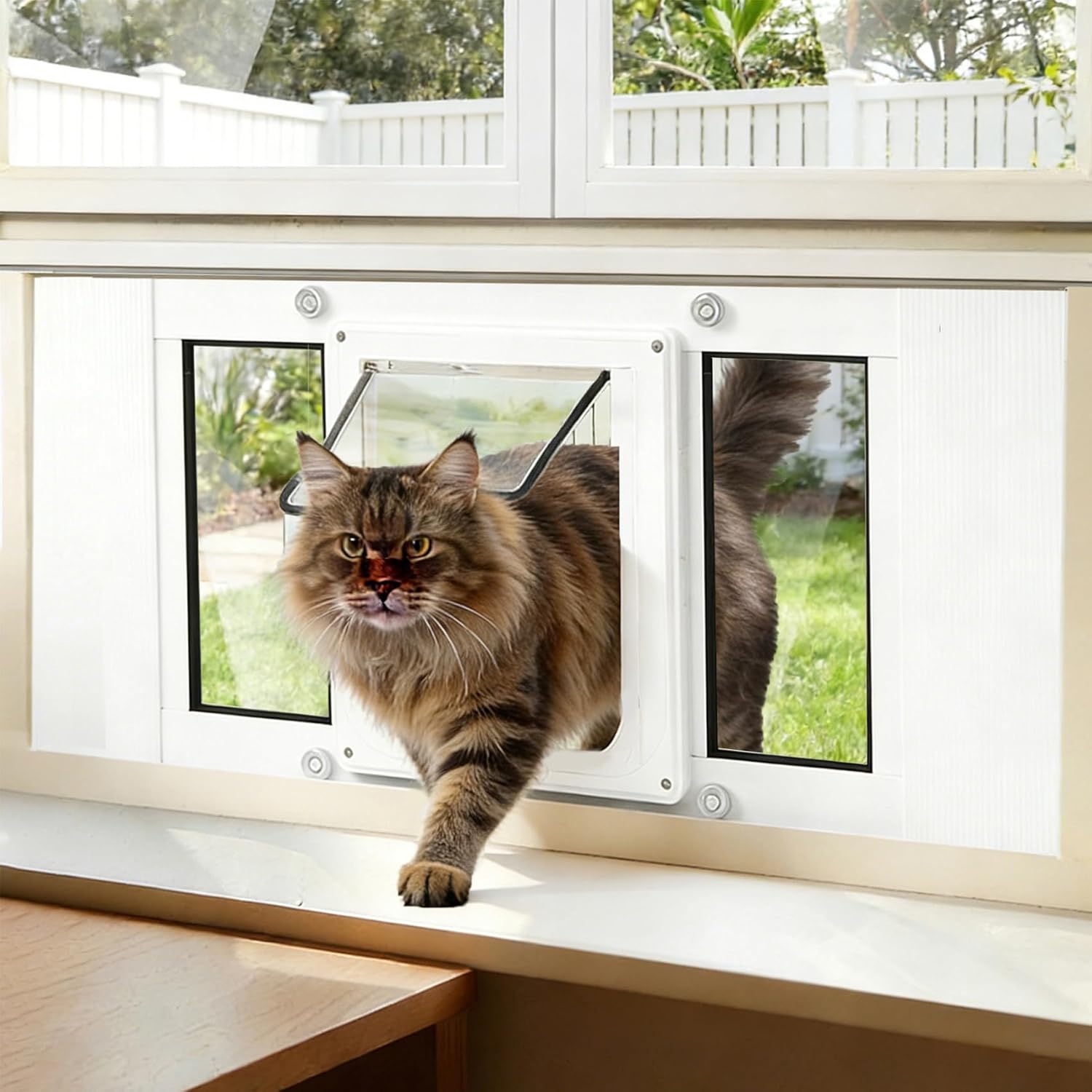 Cat Door for Window, Aluminum Window Pet Door for Cats & Small Dogs, Width Adjustable to Fit Width 23"-28", 4 Locking Modes, Magnetic Close, Weatherproof Design