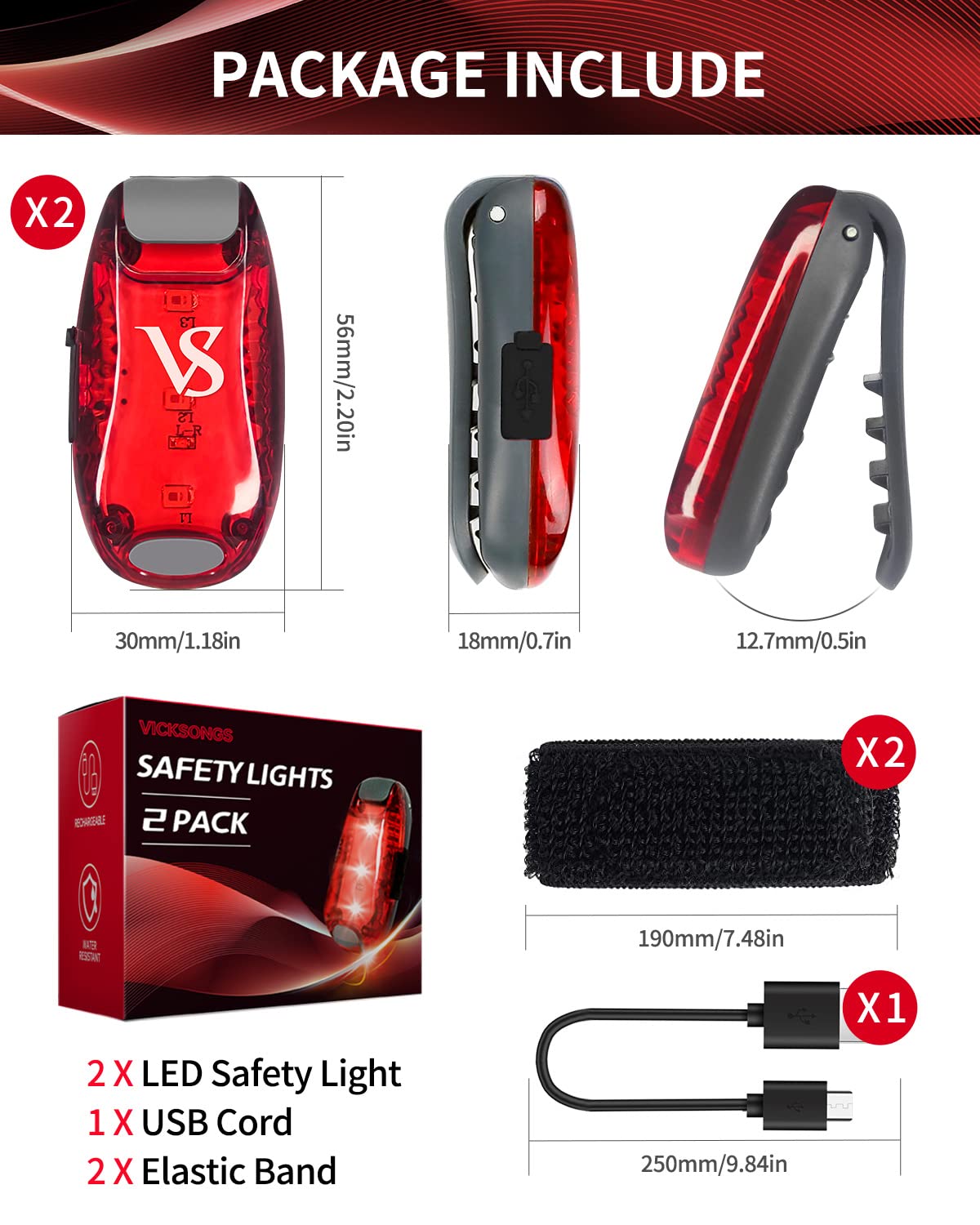 VICKSONGS 2pcs Luce Running Ricaricabile USB - Luci Bicicletta LED, Luce Stroboscopica, Luce da Corsa di Sicurezza, Accessori Bici da Corsa, Running Accessori