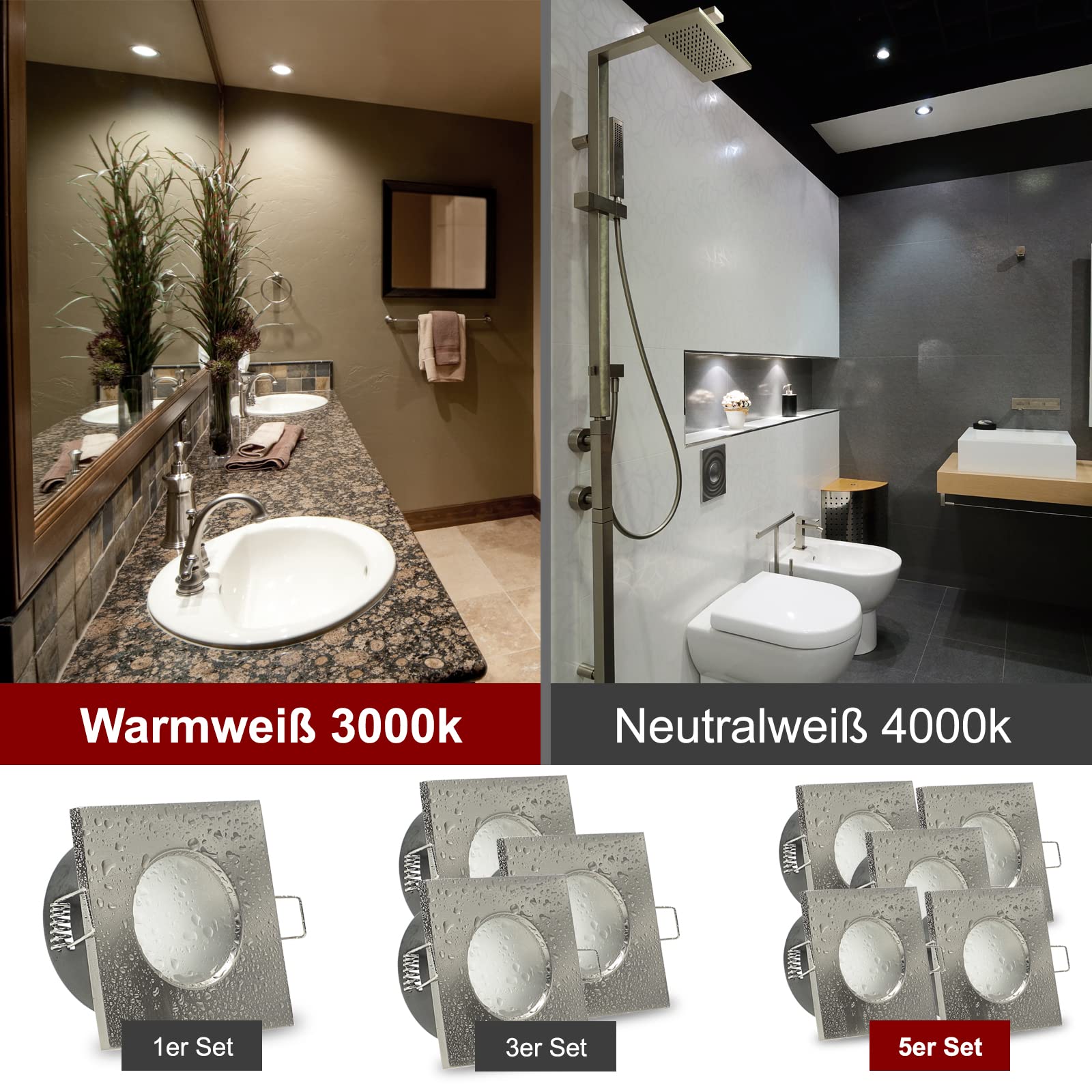 trendlights24 Aqua Base Decken Einbaustrahler eckig IP65-5er Set ultra flach 50 mm LED Spots 5W 230V Warmweiß - Edelstahl Optik gebürstet Bad