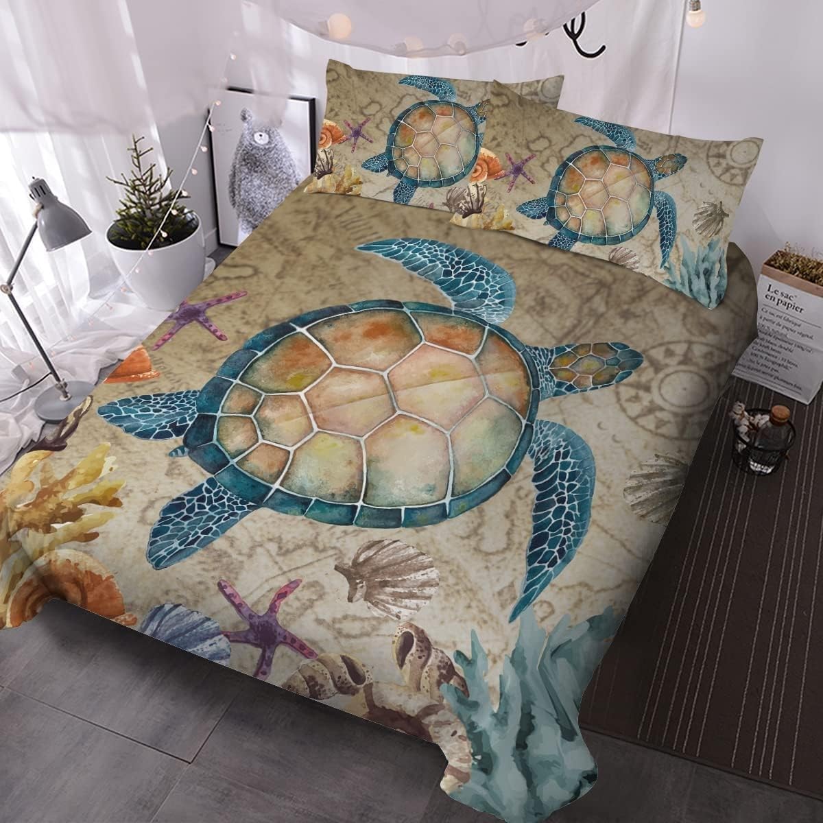 Housse de couette 220x240 cm grand confort pour chambre adulte style marin Tortue Jaune