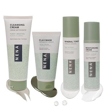 NENA Skincare Natural Skincare Kit - Cleansing Cream Face Wash - Clay Mask for Face - Mineral Hydrating Toner - Moisturizing Cream - Vegan - 4 Pc