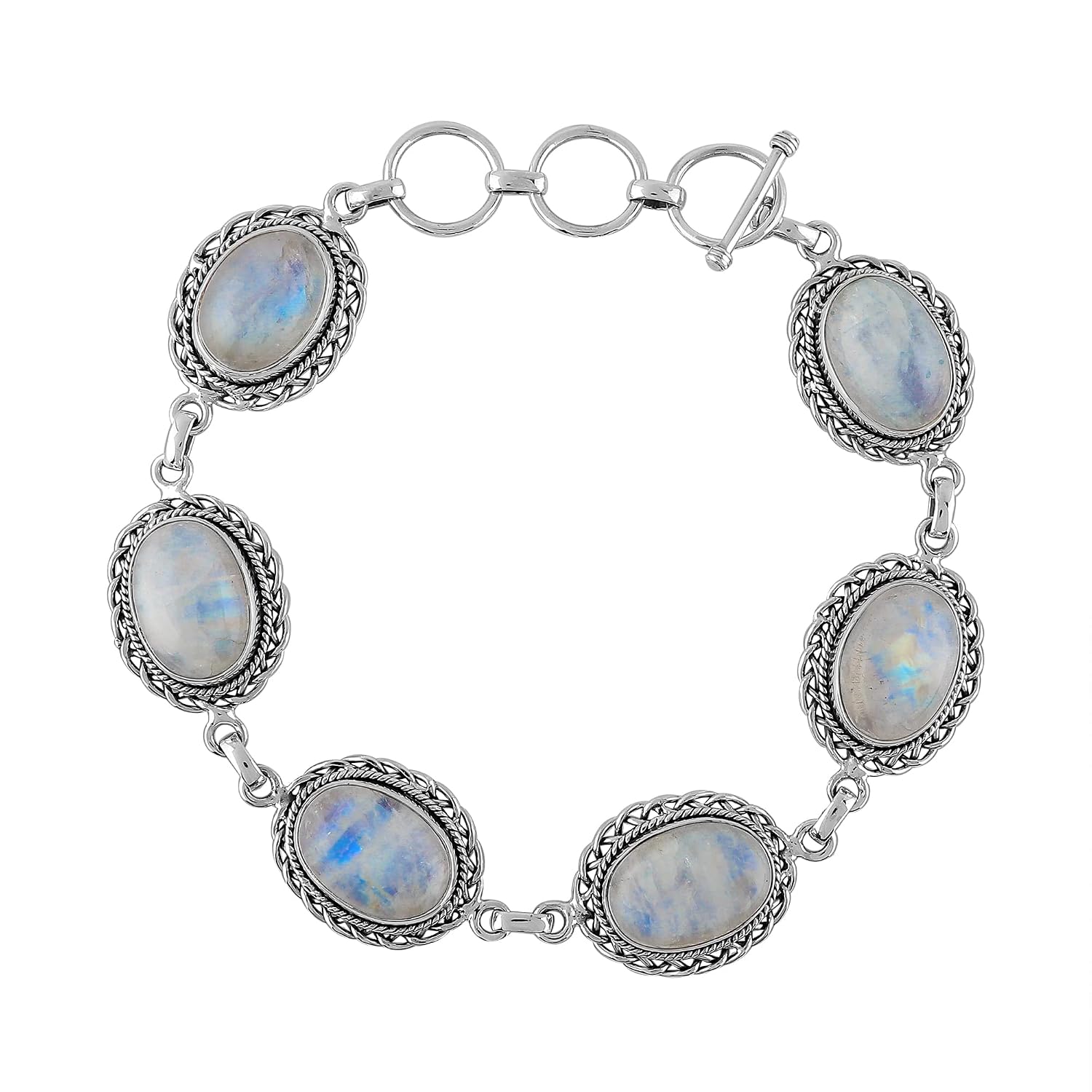 Natural Rainbow Moonstone Gemstone Link Bracelet | 925 Sterling Silver Bracelet for Women | Handmade Adjustable Jewelry Gift