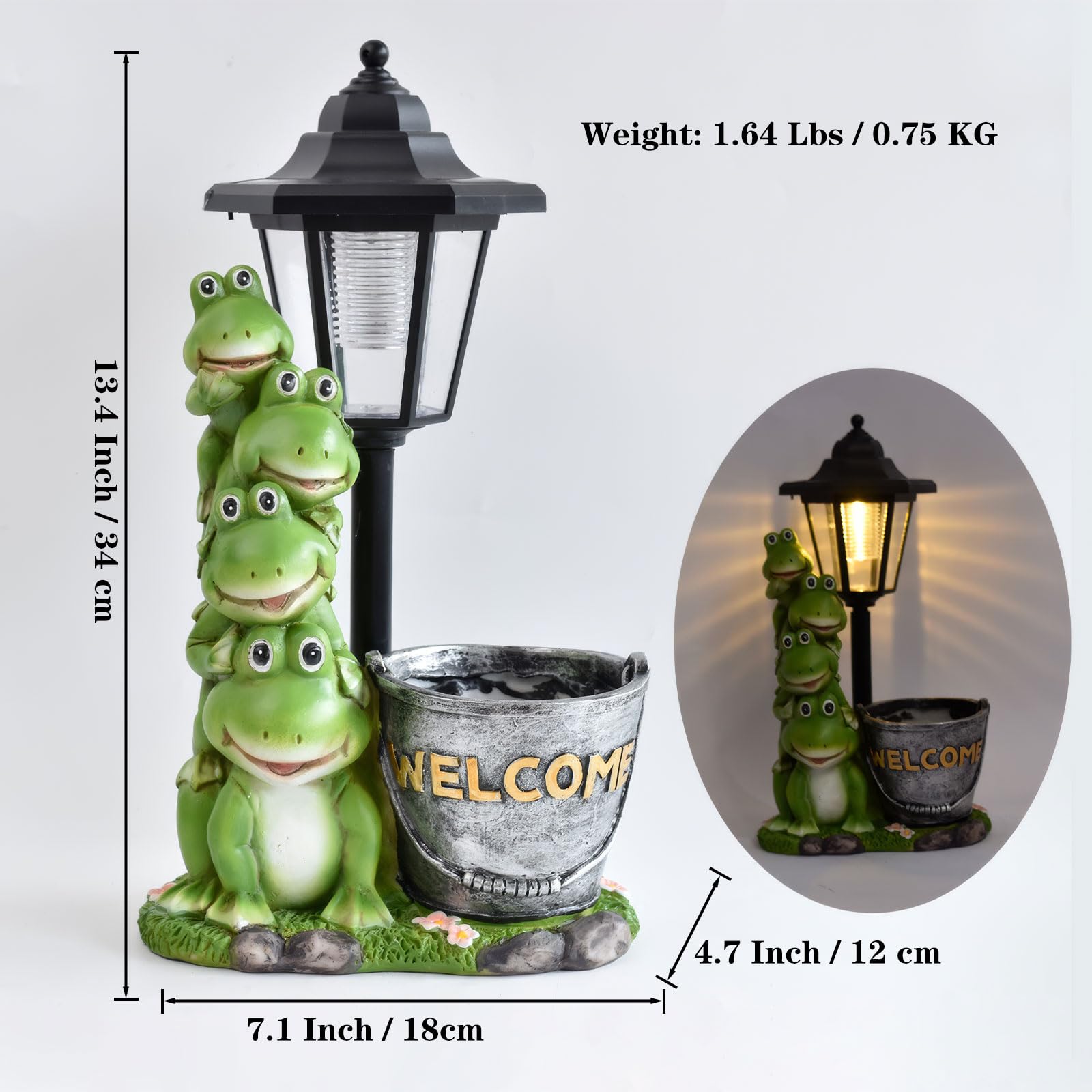 Estatua solar de rana para exteriores, adornos familiares de rana de 13.4 pulgadas con linterna y maceta para decoración de jardín, balcón, patio, césped, regalos de cumpleaños para mujeres