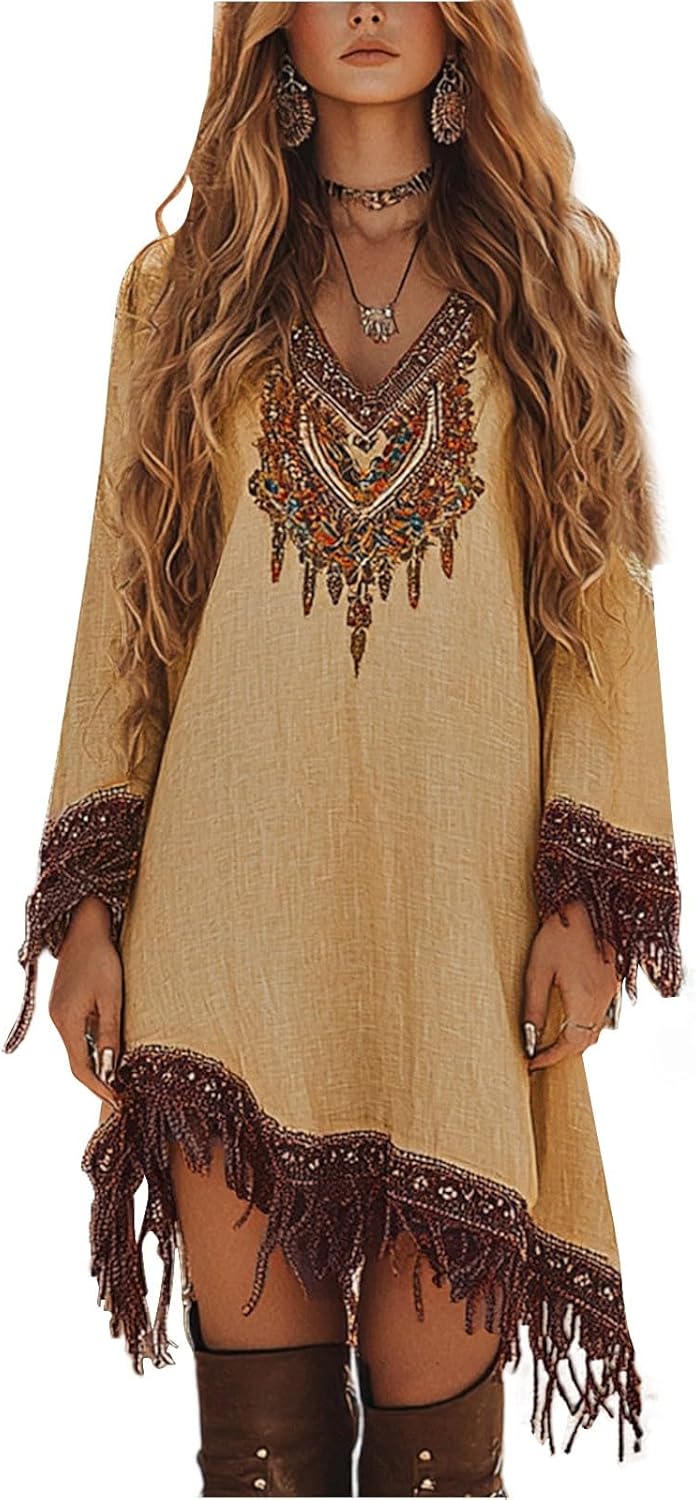 Vintage cowgirl tassel dress with Vneck long sleeves