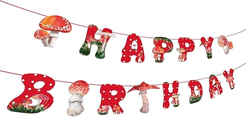 Miniatura 2 de CC HOME Cartel de feliz cumpleaños de hongos rojos, pancarta de hongos en acuarela, tema colorido de hongos para niños y niñas, niños, hogar, aula,