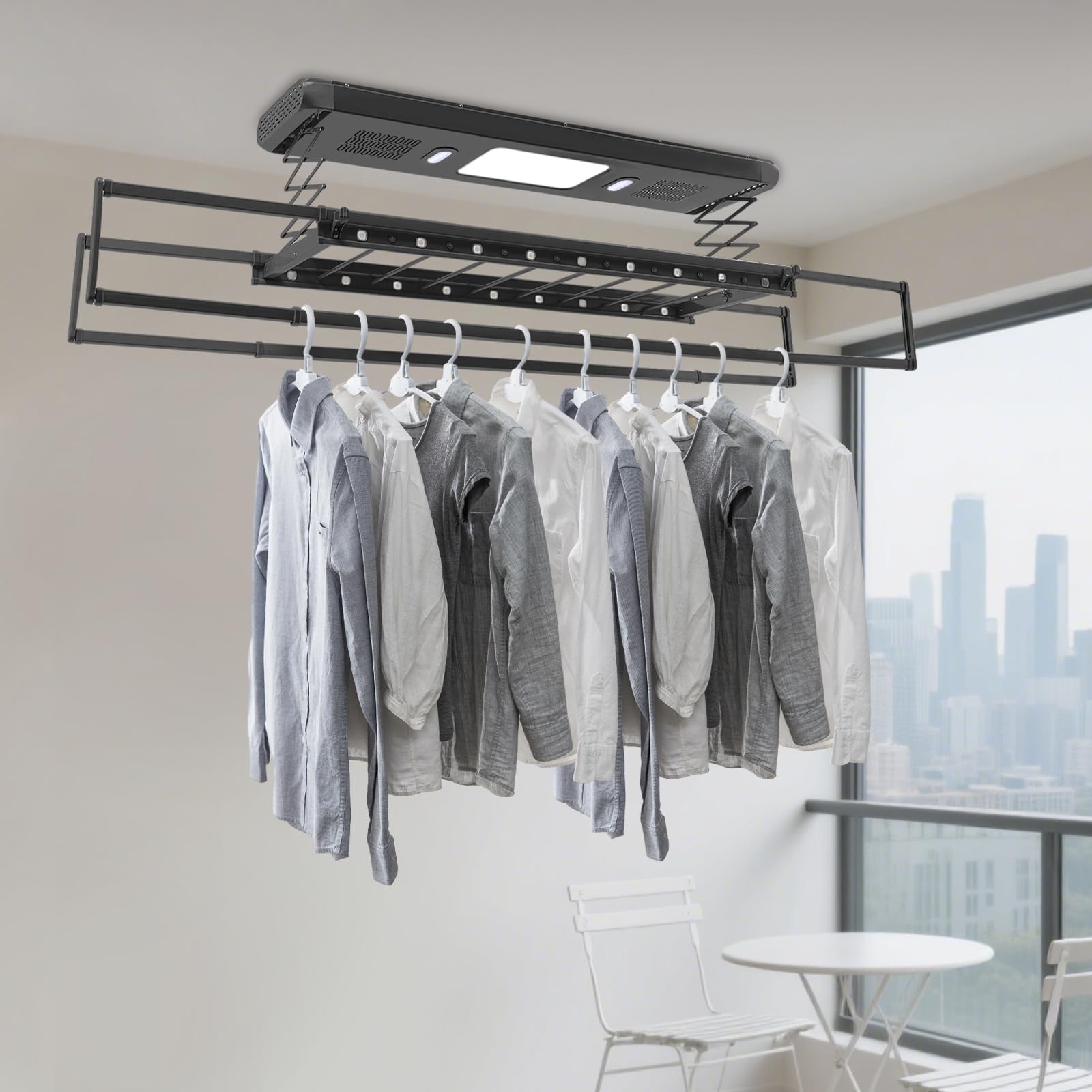 Tendedero eléctrico con ventilador y mando a distancia, tendedero de pared y techo con luz LED de aluminio y acero al carbono (negro)