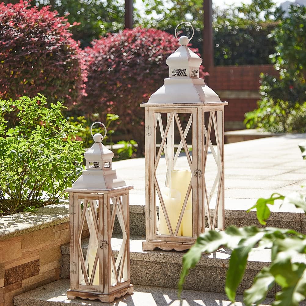 Diamond White Painted Wood Hanging Tabletop Candle Lantern Set