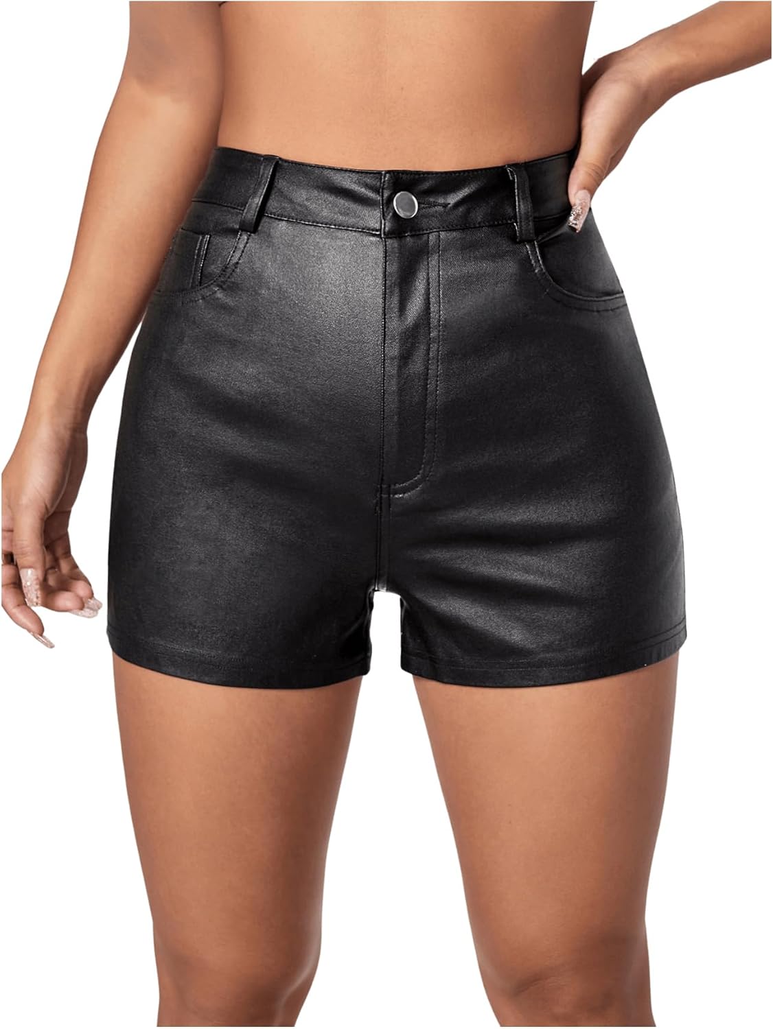 MakeMeChic Women's Faux Leather High Waist Stretchy Shorts Skinny Bodycon Bottom - Image 4