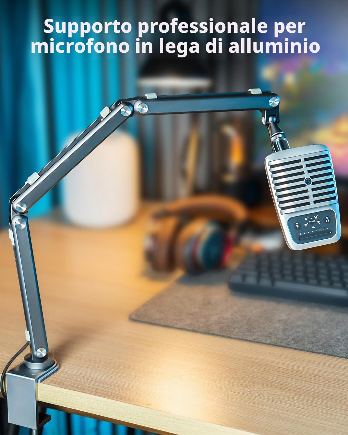 FULAIM Braccio per microfono in alluminio compatibile con RODE, supporto per microfono regolabile per Shure, microfono arm con adattatore da 3/8" - 5/8" per Game Streaming Podcast Interview (Grigio)
