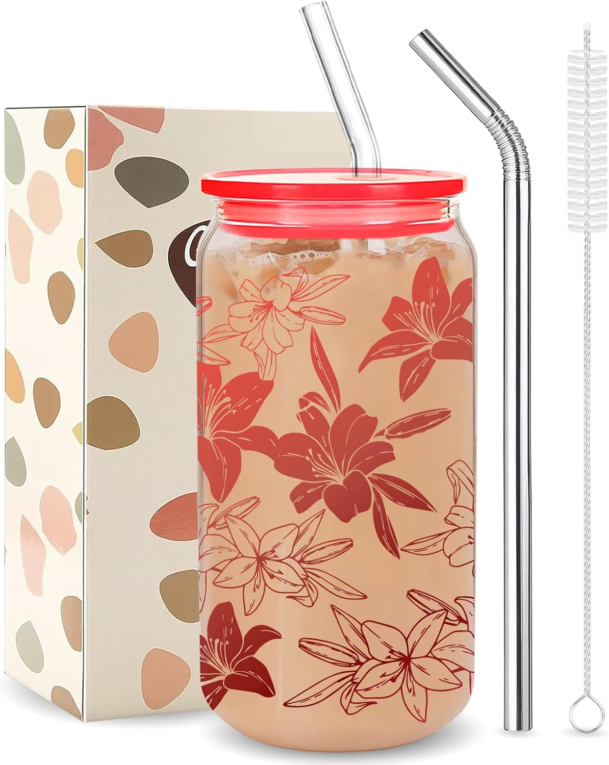 Kihraw Lily flower Glass Cups Floral Drinking Glasses Lovely Floral Iced Coffee Cup with 2 Straw 16 oz for Women Girl Holiday Summer Home Office Decorations