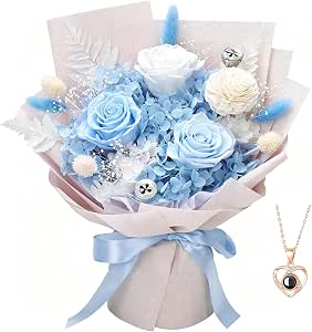 Casaido Preserved Flowers for Delivery, Mothers Day Blue Flower Bouquets with Necklace, Forever Real Roses Anniversary Birthday Valentines Day Christmas Gifts for Women Mom Wife Girlfriend