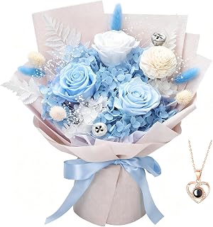 Casaido Preserved Flowers for Delivery, Mothers Day Blue Flower Bouquets with Necklace, Forever Real Roses Anniversary Birthday Valentines Day Christmas Rose Gifts for Women Mom Wife Girlfriend