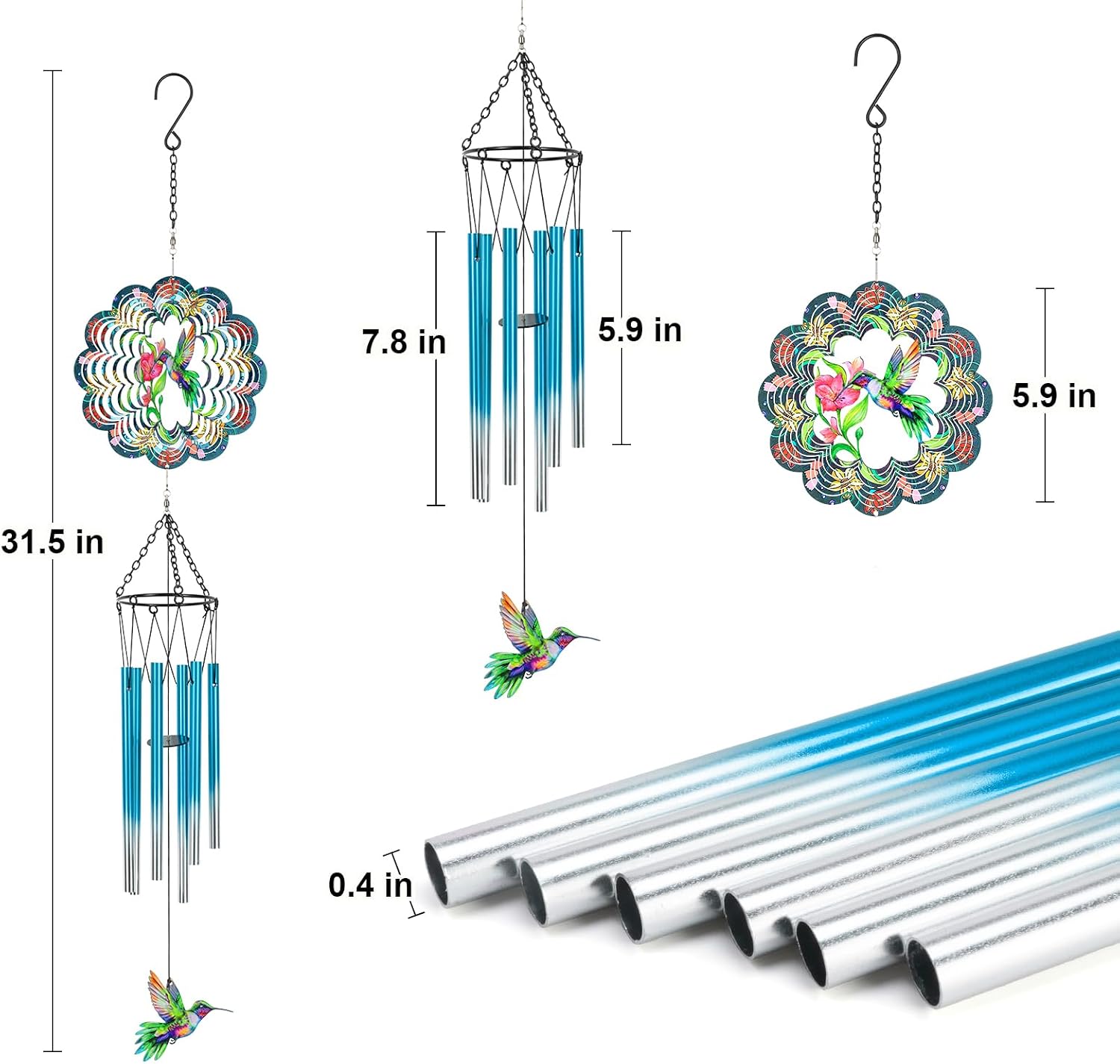 Hummingbird Wind Chimes for Outside, 3D Wind Chimes with Wind Spinner, Outdoors Hanging Decor for Garden, Patio and Balcony, Gifts for Men, Women, Mom, Lovers thumbnail