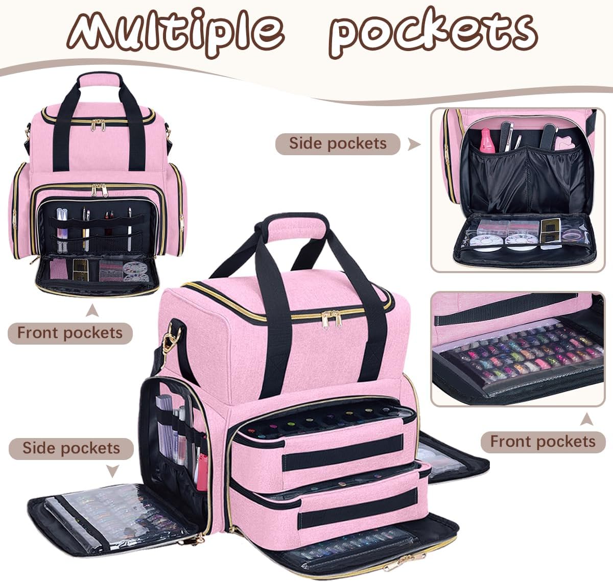 Nail Polish Case Organizer Large Capacity Travel Storage Box 80 Bottles(15ml/0.5fl.oz) with 2 Detachable Bags for Nail Tools Essential Oils and Cosmetics Sets Pink