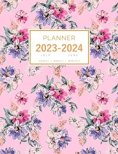Miniatura 1 de Planner July 2023-2024 June: 8.5 x 11 Large Notebook Organizer with Hourly Time Slots | Colorful Sketched Flower Design Pink      Tapa blanda – 9