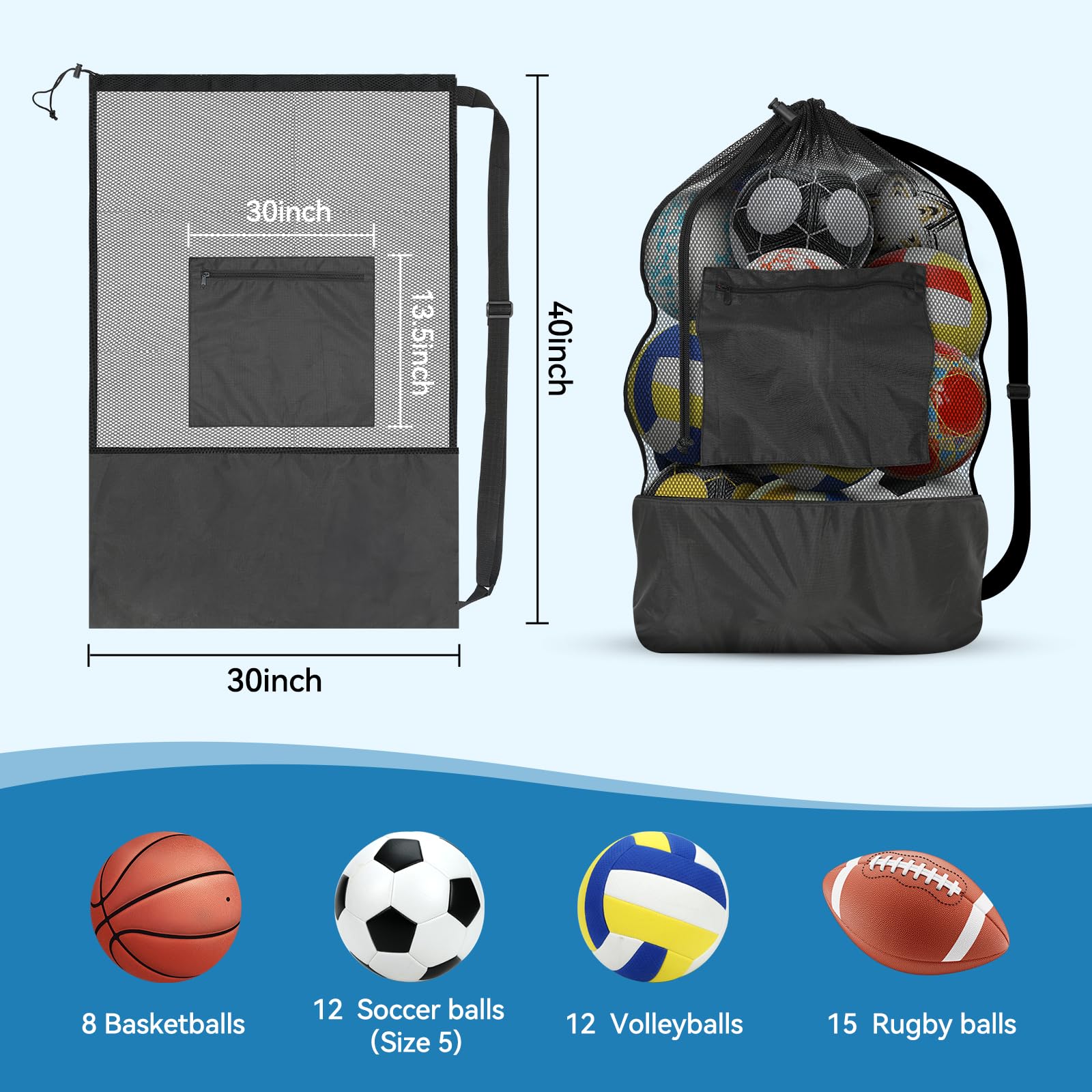 Strapazierfähige Netz-Balltasche mit Kordelzug, atmungsaktiv, reißfest, mit verstellbarem Schultergurt, Reißverschlusstasche für verschiedene Bälle, Strandspielzeug