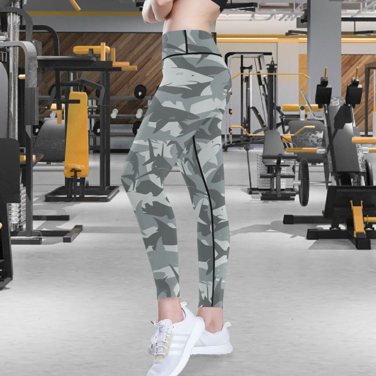 visesunny High Waist Yoga Pants with Pockets Grey Shark Danger Shark Tummy Control Workout Running Yoga Leggings for Women