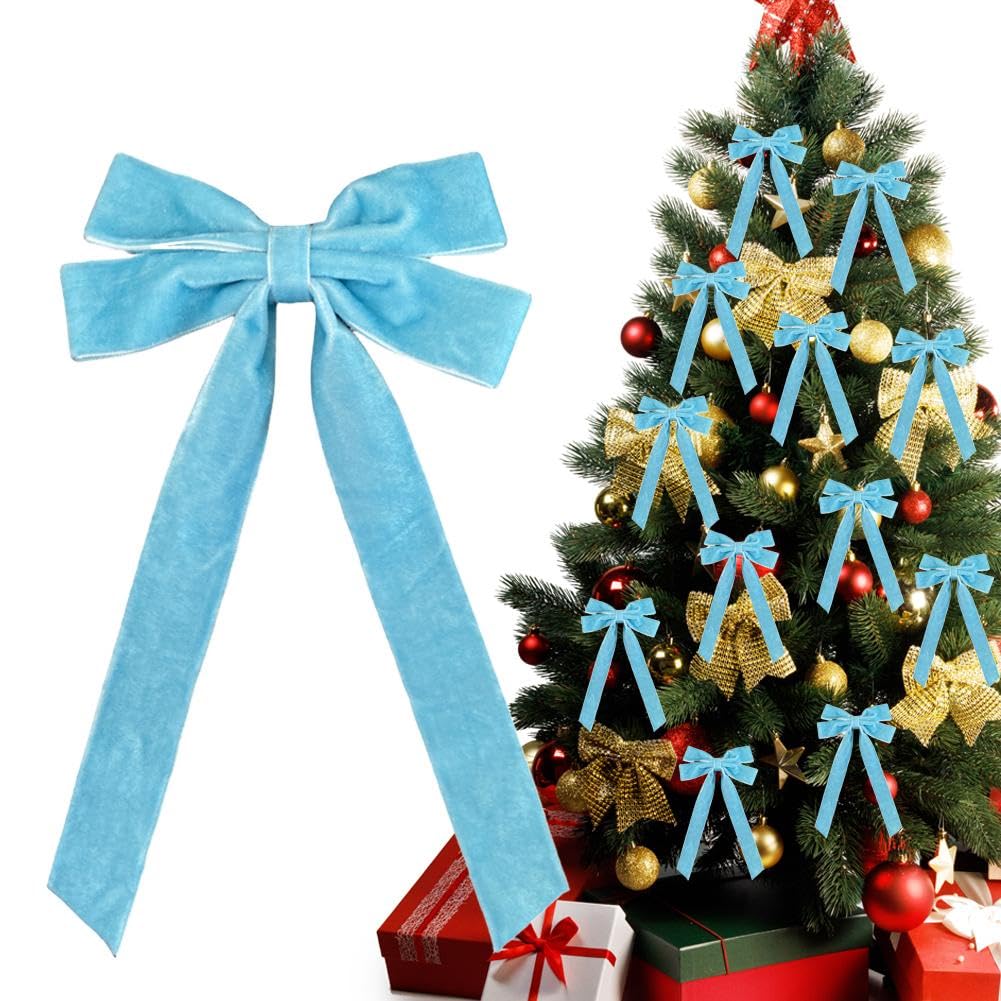 12pcs Velvet Christmas Tree Bows, 5in x 10in Xmas Ornaments Vintage Velvet Ribbon Bows for Tree Garland Wreath Indoor Xmas Wedding Holiday Decor (Blue, 12pcs)