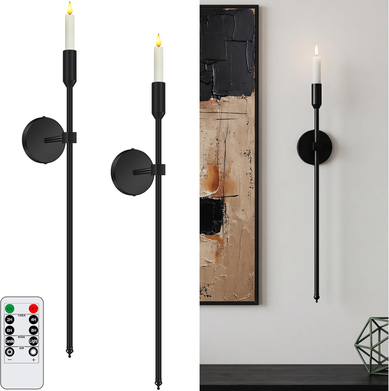 27-inch Large Wall Candle Sconces with Remote Controlled Flameless LED Taper Candles, Set of 2, Wall Mounted Candle Holder, Modern Chic Home Decor for Living Room, Entry, Porch, Hallway (Black)