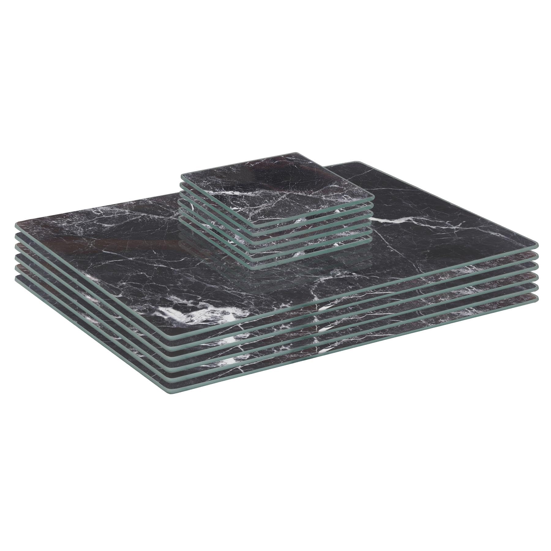 Harbour Housewares Rectangle Glass Placemats & Square Coasters Set - 30cm x 20cm - Black Marble - 12pc Tempered Heat-Resistant Non-Slip Rectangle Indoor Home Kitchen Table Plate Place Mat Mats Set