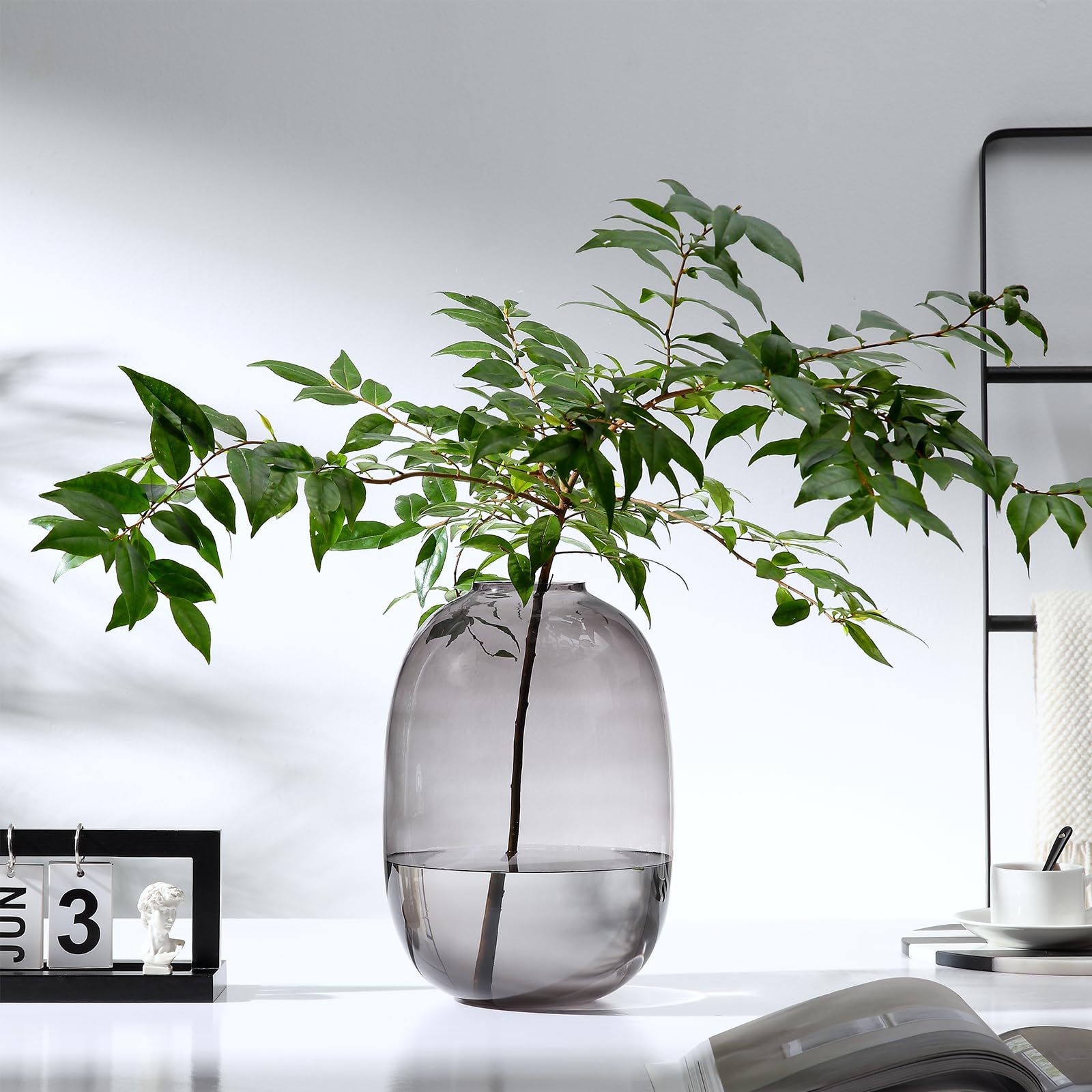 Jarrón de cristal, grandes jarrones ovalados grises, jarrón de vidrio soplado a mano de 10 pulgadas para decoración del hogar, centro de mesa moderno, regalo único (gris, grande)