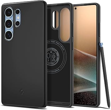 Spigen ACS08946 Galaxy S25 Ultra Case, Thin, MagSafe Compatible, Shockproof, Matte Finish, Lightweight, US Military Standard Certified, Dual Layer Structure, Fingerprint Resistant, Qi2 Wireless Charging, Thin Fit Black