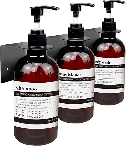 Dispensador de jabón de ducha, dispensador de champú y acondicionador sin taladros con etiquetas impermeables, dispensador de bomba de jabón