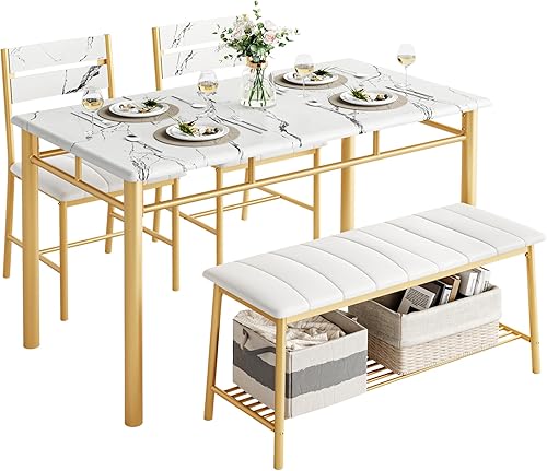 Conjunto de mesa de comedor IRONCK para 4, mesa de cocina con banco tapizado y 2 sillas, juego de mesa y sillas de cocina para espacios pequeños,