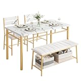 IRONCK Dining Table Set for 4&comma; Kitchen Table with Upholstered Bench and 2 Chairs&comma; Kitchen Table and Chairs Set for Small Space&comma; Apartment&comma; White & Gold