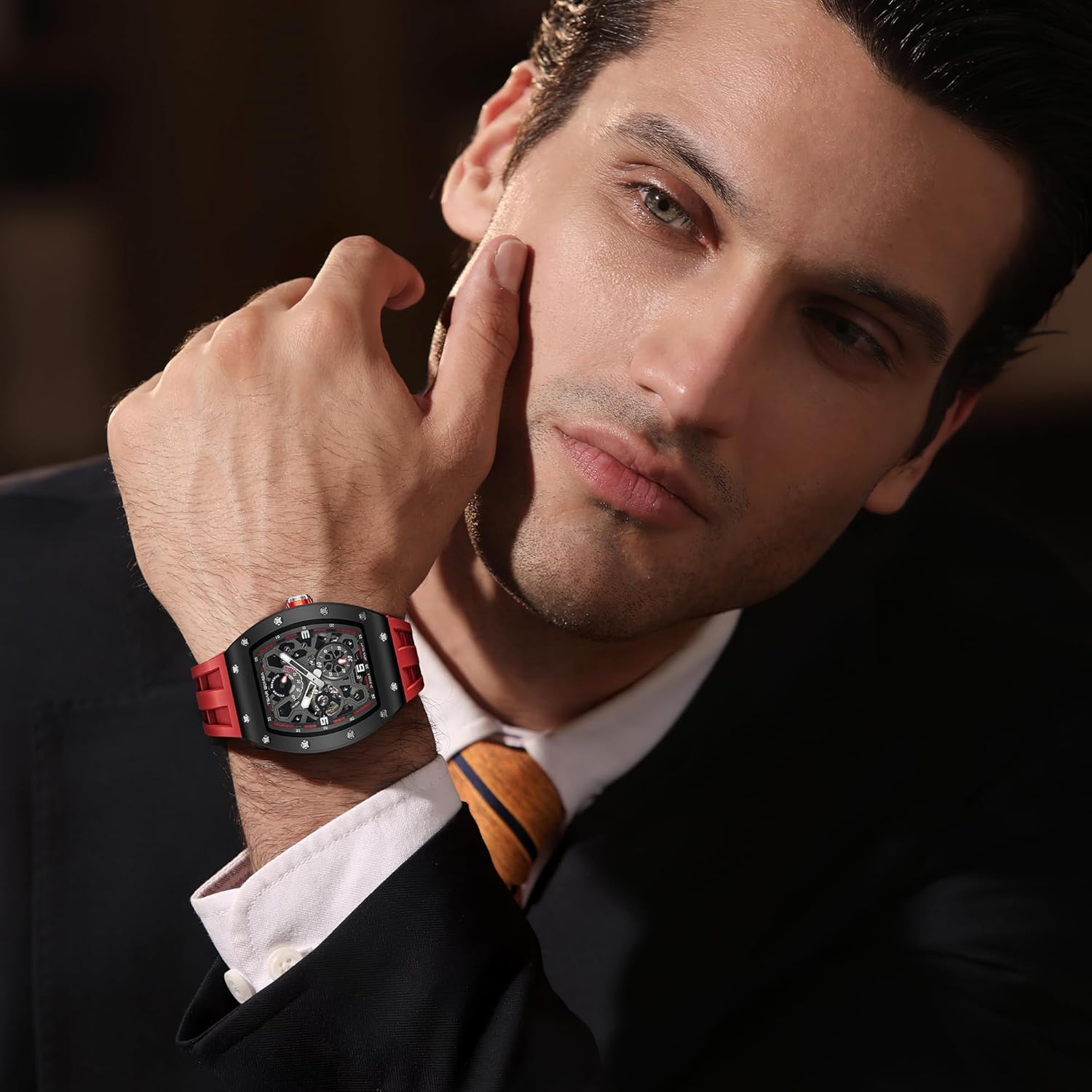 TSAR BOMBA Automatic Watches for Men Mechanical Analog Men's Watch Skeleton Wrist Watch Tonneau Big Dial Watch with Luminous Sapphire Crystal Case FKM Rubber Strap Replica Gifts