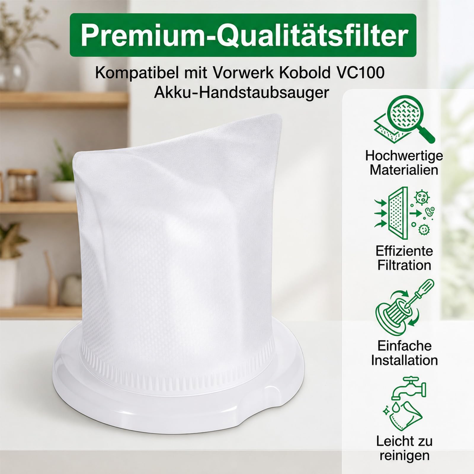 6 Stück Filter für Vorwerk Kobold VC100, Schmutzfilter Ersatzfilter mit 1 Bürste, Filter Ersatz für Vorwerk Kobold VC100 Akku Staubsauger